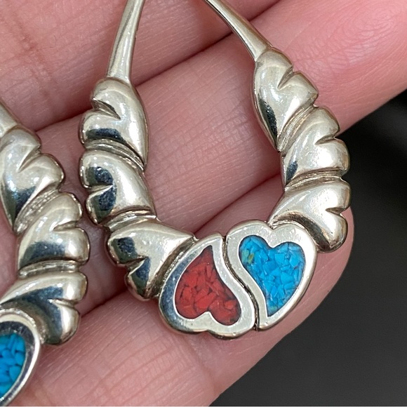 Vintage Signed Yin Yang Hearts Turquoise & Coral Inlay Silver Drop Earrings - Picture 7 of 11